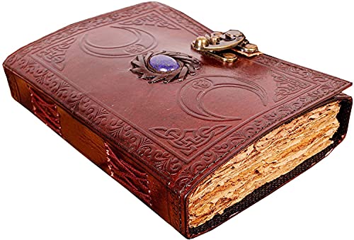 ALCRAFT Handgefertigtes Vintage-Leder-Tagebuch mit Halbedelsteinen, schwarzes Dreifach-Mond-Design, 200 Seiten (VINTAGE) (BROWN) von ALCRAFT