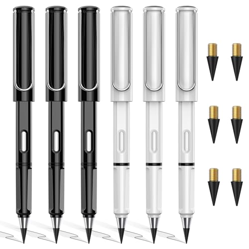 ALECPEA 6er Set Ewiger Bleistift mit 6 Extra-Austauschfedern - Umweltfreundlich und Spitzenfrei(Schwarz und weiß) von ALECPEA