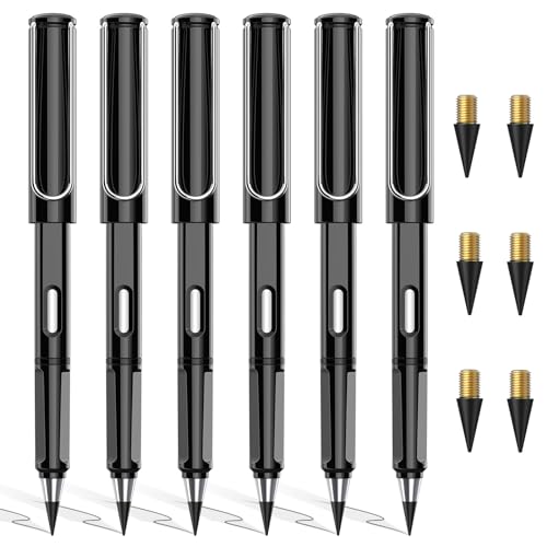 ALECPEA 6er Set Nachhaltige Ewiger Bleistift mit 6 Extra-Austauschfedern - Umweltfreundlich und Spitzfrei (Schwarz) von ALECPEA
