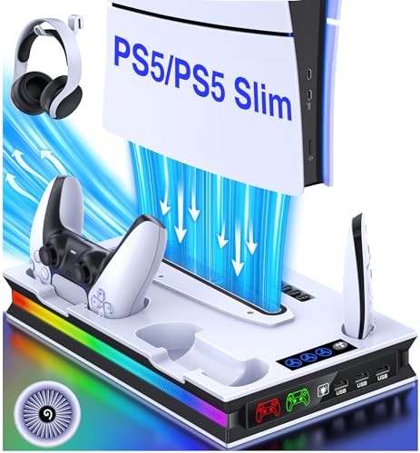 ALEEMTRY PS5 Ständer mit LED Licht für PS5 Slim, PS5 Standfuß mit 3-Stufig Lüfter/PS5 Controller Ladestation/Kopfhörerhaken/4 x USB C Buchse, PS5 Ständer für PS5 Slim Disc & Digital Edition von ALEEMTRY