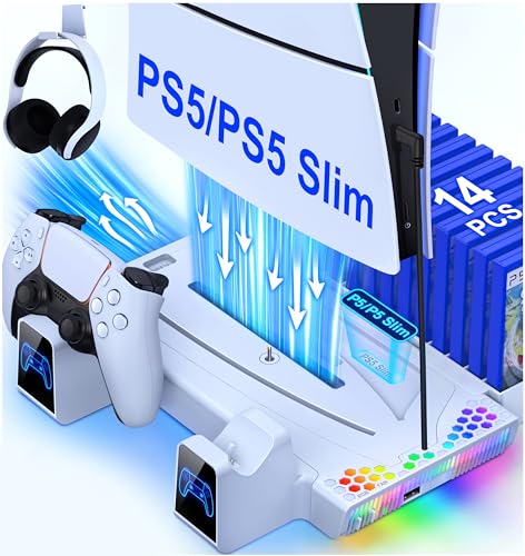 PS5 Ständer für PS5 Slim Konsole Neu, PS5 Standfuß mit 3-Stufig Kühler Lüfter Schnelle Abkühlung/PS5 Controller Ladestation/14 Spiele Aufbewahrung, PS5 Ständer für PS5 Slim Disc & Digital Konsole von ALEEMTRY
