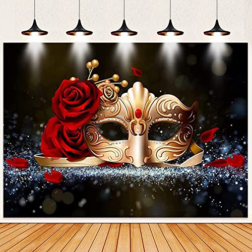 Fotohintergrund mit goldener Maske, rote Rose, für Maskerade, Motto-Party, Geburtstag, Party, Karneval, Fotografie, Hintergrund, Vinyl, 2,1 x 1,5 m Fotohintergrund mit goldener Maske, rote Rose, für Maskerade, Motto-Party, Geburtstag, Party, Karneval, Fotografie, Hintergrund, Vinyl, 2,1 x 1,5 m von ALELCJY