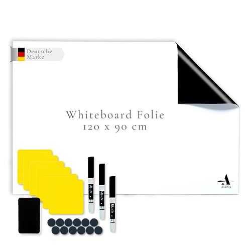 ALESA Whiteboard Folie 120x90 cm - magnetisch & selbstklebend für glatte Oberflächen | Magnetfolie weiß inkl Whiteboardmarker Magnete - fürs Büro und Zuhause ohne Bohren! von ALESA
