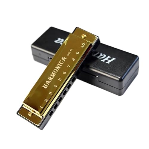 Mundharmonika C Dur Professionelle Mundharmonika Für Erwachsene Tonart C 10 Löcher Diatonisch Mit Etui(Gold) von ALFAAL