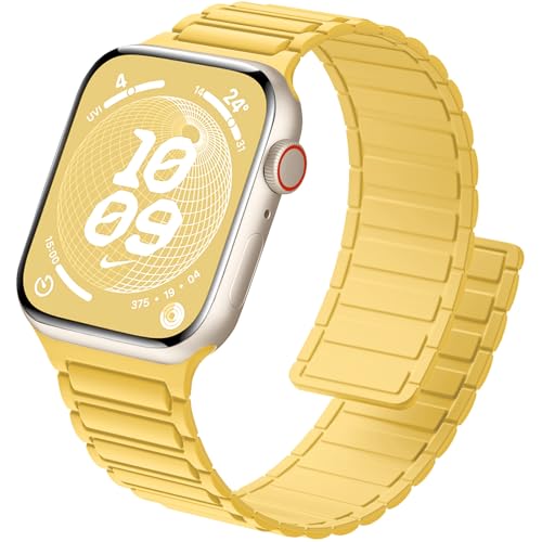 ALFARAY Magnetbänder Kompatibel mit Apple Watch Armband 42mm 41mm 40mm 38mm, Starke Silikon Magnetische Sport Armbänder für Apple Watch Ultra 2 Ultra Series 10 9 8 7 SE 6 5 4 3 2 1, Hellgelb von ALFARAY