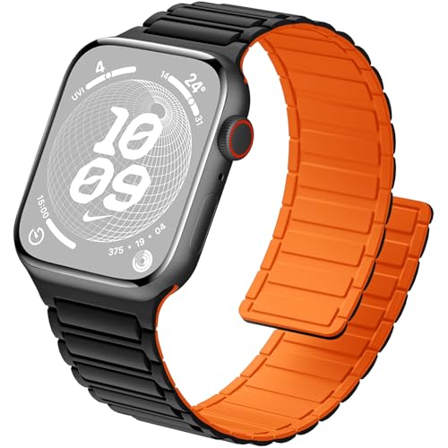 ALFARAY Magnetbänder Kompatibel mit Apple Watch Armband 41mm 40mm 38mm, Starke Silikon Magnetische Sport Loop Ersatzbänder für iApple Watch Ultra 2 Ultra Series 9 8 7 SE 6 5 4 3 2 1, Schwarz/Orange von ALFARAY