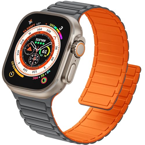 ALFARAY Magnetbänder Kompatibel mit Apple Watch Armband 45mm 44mm 49mm 42mm, Starke Silikon Magnetische Sport Ersatzbänder für Apple Watch Ultra 2 Ultra Series 9 8 7 SE 6 5 4 3 2 1, Grau/Orange von ALFARAY