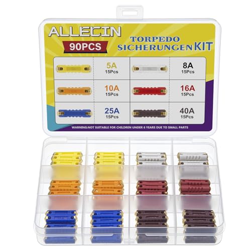 ALLECIN 6 Wert Torpedosicherungen Set 5A 8A 10A 16A 25A 40A Torpedo Sicherungen Keramik Keramiksicherungen Abschmelzsicherungen für Europäischen Oldtimer (Packung mit 90 Stück) von ALLECIN