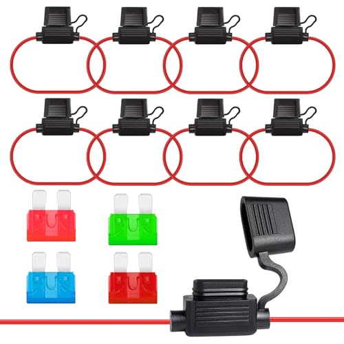 ALLECIN 8 Stück 16AWG KFZ Sicherungshalter Draht Flachsicherungshalter Inline 32V Sicherung Halter Flachsicherung Wasserdicht Fuse Holder mit 10A 15A 30A 40A Standard Flachsicherungen für Auto LKW von ALLECIN