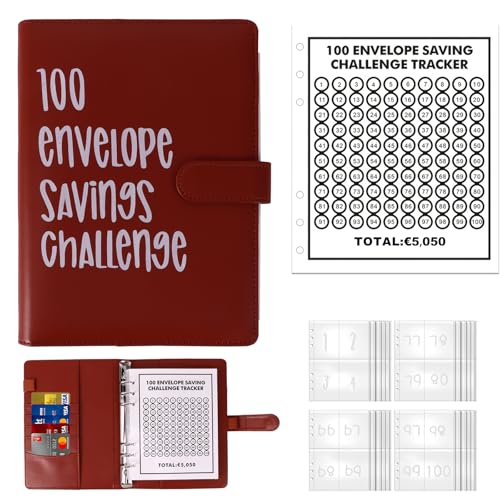ALLOMN 100 Envelope Saving Challenge Euro, 100 Umschläge Spar Challenge Ordner Geldsparmappe A5 Geldsparbinder Budget Planner zu Sparen 5050EUR Budgetordner für Paare Büros Zuhause Schule (Braun) von ALLOMN