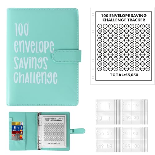 ALLOMN 100 Envelope Saving Challenge Euro, 100 Umschläge Spar Challenge Ordner Geldsparmappe A5 Geldsparbinder Budget Planner zu Sparen 5050EUR Budgetordner für Paare Büros Zuhause Schule (Grün) von ALLOMN