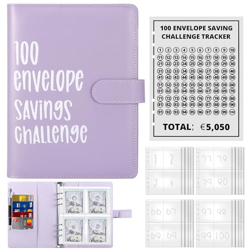 ALLOMN 100 Envelope Saving Challenge Euro, 100 Umschläge Spar Challenge Ordner Geldsparmappe A5 Geldsparbinder Budget Planner zu Sparen 5050EUR Budgetordner für Paare Büros Zuhause Schule (Violett) von ALLOMN