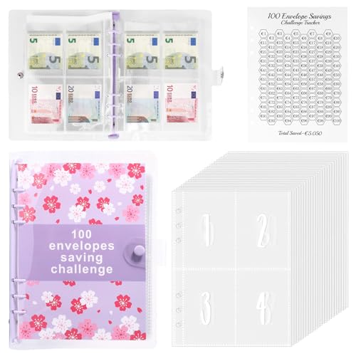 ALLOMN 100 Envelope Saving Challenge Euro, A5 Budgetplaner mit Challengers Tracker + Pre-numbered Taschen Sparbuch für Geld Challenge, Geldsparung Geldordner Sparbuch Ringbuch für Budget Binder (Lila) ALLOMN 100 Envelope Saving Challenge Euro, A5 Budgetplaner mit Challengers Tracker + Pre-numbered Taschen Sparbuch für Geld Challenge, Geldsparung Geldordner Sparbuch Ringbuch für Budget Binder (Lila) von ALLOMN