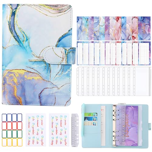 ALLOMN Budget Planner Binder, A6 Haushaltsbuch Geldumschläge Umschlagmethode Cash Stuffing Startset Budgetplaner Geld Organizer Sparbuch Geldsparbinder mit Folien für Finanzplaner Sparen Mappe (Blau) von ALLOMN