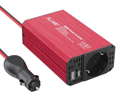 ALLWEI 300W Spannungswandler 12V 230V Wechselrichter mit Typ-C & USB Anschluss - für Auto, Wohnwagen, Camping, Laden von Handys, Laptops und Anderen Geräten (Rot) von ALLWEI