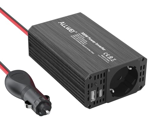 ALLWEI 300W Spannungswandler 12V 230V Wechselrichter mit 2. 4A-Typ-C & USB Anschluss - für Auto, Wohnwagen, Camping, Laden von Handys, Laptops und Anderen Geräten (Schwarz) von ALLWEI