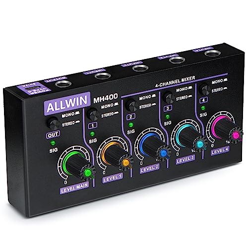 ALLWIN 4-Kanal Line Mixer, Mini Audio Mixer Low Noise DC5V 4in1out Unterstützung von Mono und Stereo für Sub Mixing, für Mikrofone/Gitarren/Bass/Keyboards/Mixer/Instrumente von ALLWIN