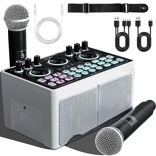Bluetooth Karaoke Maschine, ALLWIN 3in1 Tragbares Lautsprecher Karaoke System Audio Schnittstelle mit 2 Mikrofonen Soundkarte unterstützt TWS,für Indoor Outdoor Singen,Live-Streaming mit PC/Smartphone von ALLWIN