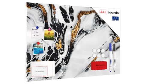 ALLboards Metallische Magnettafel MARMOR MARMORSTEIN GOLD WEIß 90x60cm MetalBoards Memoboard für jede Art von Magneten Magnetpinnwand zum Beschriften + 2 Marker, 6 Magnete, Schwamm im Lieferumfang von ALLboards