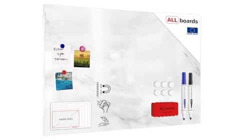 ALLboards Metallische Magnettafel WEISSER MARMOR 90x60cm MetalBoards Memoboard für jede Art von Magneten Magnetpinnwand + 2 Marker, 6 Magnete, Schwamm von ALLboards