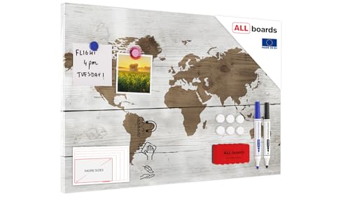 ALLboards Metallische Magnettafel WELTKARTE HELL, 60x40cm MetalBoards Memoboard für jede Art von Magneten Magnetpinnwand + GRATIS Zubehörset von ALLboards