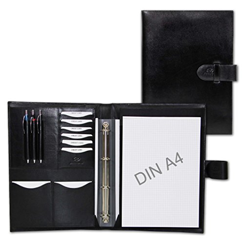 ALMADIH A4 Dokumentenmappe Echt Leder Konferenzmappe mit Ringmechanik & Briefblock - Edle Ledermappe Schwarz für Herren Damen Aktenmappe Businessmappe Schreibmappe Organizer (A4 Konf SCH) von ALMADIH