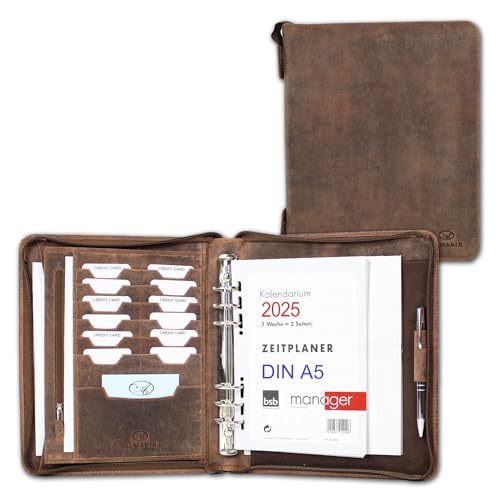 ALMADIH Leder A5 Organizer Reißverschluss + Kalender 2025 Schreibblock BV Premium Rindsleder Ledermappe Terminplaner Mappe Systemplaner Konferenzmappe Ringmechanik braun (A5 Organizer Vintage) von ALMADIH