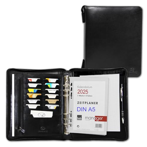 ALMADIH Leder A5 Organizer mit Ringmechanik Reißverschluss, Kalender 2025 Schreibblock Premium Rindsleder Schwarz Ledermappe Mappe Terminplaner Systemplaner Konferenzmappe Aktenmappe (A5-O-S) von ALMADIH