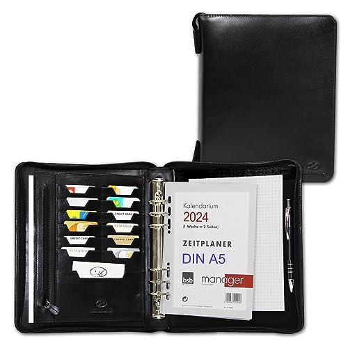 ALMADIH Leder A5 Organizer mit Ringmechanik Reißverschluss Kalender 2025 Schreibblock Premium Rindsleder Schwarz Onyx Ledermappe Mappe Terminplaner Systemplaner Terminkalender (A5 Org Schwarz) von ALMADIH