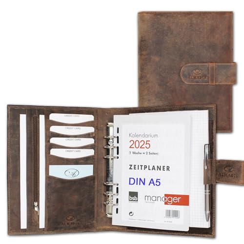 ALMADIH Leder A5 Terminplaner mit Kalender 2025 Schreibblock Premium Rindsleder BV Ledermappe Mappe Schreibmappe Organizer Terminkalender Ringbuchmappe Aktenmappe Konferenzmappe (braun vintage) von ALMADIH