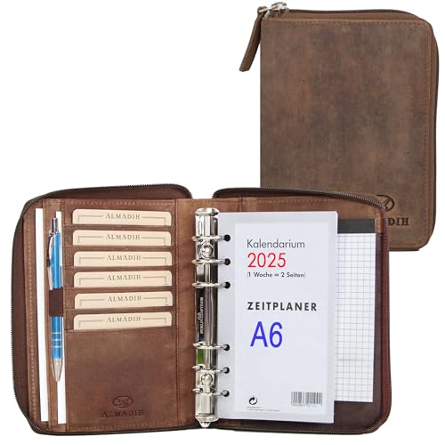 ALMADIH Leder A6 Organizer Reißverschluss Kalender 2025 Notizblock Premium Rindsleder Braun Vintage Geschenkbox Ledermappe Mappe Schreibmappe Terminplaner Terminkalender Konferenzmappe (A6-O-BV) von ALMADIH
