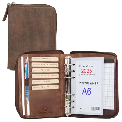 ALMADIH Leder A6 Organizer mit Reißverschluss, Kalender 2023 2024 Premium Rindsleder Braun Vintage in Geschenkbox Ledermappe Mappe Schreibmappe Terminplaner Terminkalender Ringbuchmappe (Org A6 BV) von ALMADIH