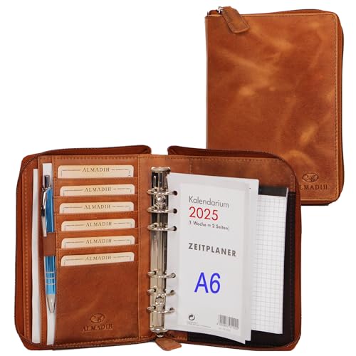 ALMADIH Leder A6 Organizer mit Reißverschluss Kalender 2024 Notizblock Premium Rindsleder Braun Deluxe Geschenkbox Ledermappe Mappe Schreibmappe Terminplaner Terminkalender Aktenmappe (A6-O-BD) von ALMADIH