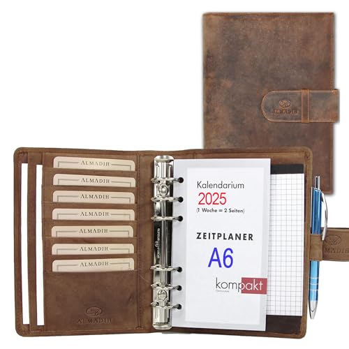 ALMADIH Leder A6 Terminplaner Kalender 2024 Notizblock Premium Rindsleder BV Geschenkbox Ledermappe Mappe Schreibmappe Organizer Terminkalender Ringbuchmappe Pocket Kompakt braun (A6 Ter vintage) von ALMADIH