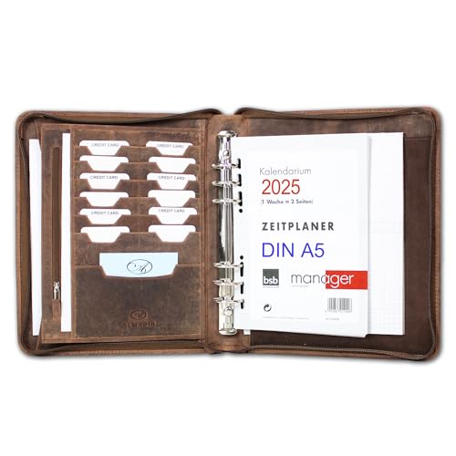 ALMADIH Ledermappe A5 Leder Organizer mit Ringmechanik Reißverschluss Kalender 2025 - Leder Mappe Premium Rindsleder braun vintage OS Ledermappe Terminplaner Terminkalender (A5 Org S bv) von ALMADIH