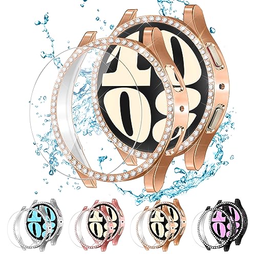 ALMNVO [4+4 Set] Samsung Galaxy Watch 6 Hülle Glänzend 40mm Displayschutzfolie 40mm Glitzer Diamant Hartglas für Galaxy Watch 6/5/4 4 40mm Zubehör für Galaxy Watch 6 von ALMNVO