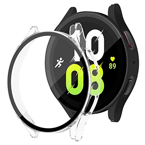 ALMNVO Schutzhülle für Samsung Galaxy Watch 5, 40 mm, 44 mm, mit Displayschutzfolie aus gehärtetem Glas, Rundumschutz, integrierte HD-Folie für Damen und Herren, Smartwatch-Zubehör, 2 Stück von ALMNVO