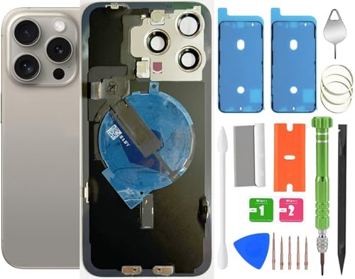 15 Pro Max Back Glass Replacement with Wireless Charging Flex Cable, Camera Frame All Parts for iPhone 15 Pro Max (6.7 Inch) Back Glass Replacement with Kit and Waterproof Tape (Natural Titanium) von ALOCHSHOW