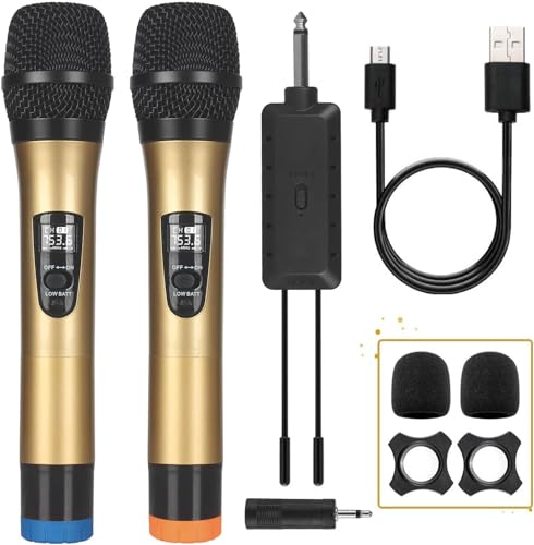 ALPOWL Karaoke Mikrofon, Professionelles kabelloses UHF-Dual-Mikrofon, Mikrofon Kabellos für Karaoke und Partys, Wiederaufladbarer Empfänger für Sprachverstärker für Hochzeit.(Gold) von ALPOWL