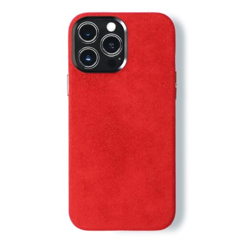 ALTRAALMA Alcantara Schutzhülle für iPhone 15 Serie, kompatibel mit Mag-Safe kabellosem Laden, handgefertigtes italienisches Wildlederimitat in voller Umwicklung (für iPhone 15 Pro Max, Rot) von ALTRAALMA