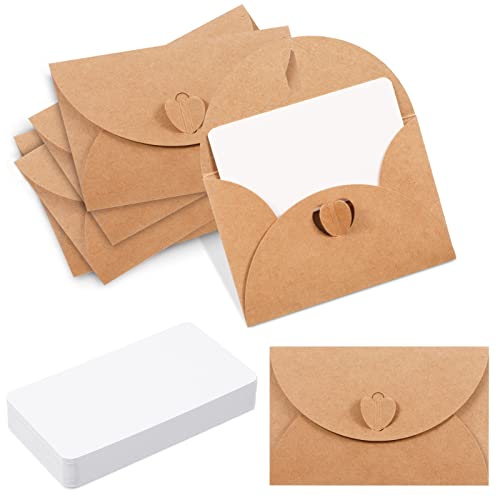 ALTcompluser 40 Stück Kraftpapier Umschläge mit 40 Blanko Papier Karten, Klein Briefumschlag mit Herz Verschluss, 10.5x7cm Mini Kraftpapier Briefumschläge für Dankeskarten Einladung Geburtstagskarten von ALTcompluser