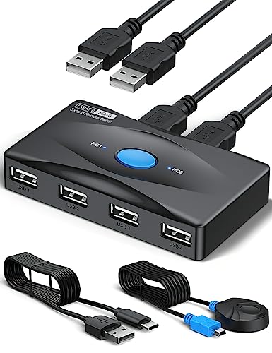 AMANAKA USB 2.0 KVM-Switch, 5Gbps KVM Switch 2 in 4 out, 4 USB Ports für 2 Computer USB KVM Switch mit 2 USB-Kabel für Tastatur-Maus/Drucker/UDP/Kamera/Scanner von AMANKA