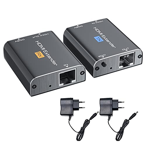 HDMI Extender, AMANKA 60m Aluminium HDMI Expander Repeater, Signal kann über RJ45 Cat6 Cat7 Kabel verlängert Werden Unterstützt EDID Funktion, Full HD 1080P 3D, für PS3 PS4 STB HD-LCD HD-DLP DVD usw von AMANKA