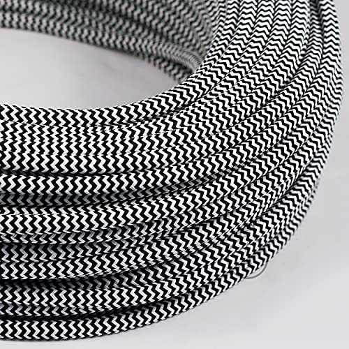 Amarcords - Textilkabel für Lampen WEISS-SCHWARZ ZIG-ZAG, rund, Seide, 20 Meter, mit 2 Leiter 2x0,75 - Stoffkabel mit farbigem vintage Stoff überzogen für Kronleuchter, Wandlampen und Lampenschirme von AMARCORDS