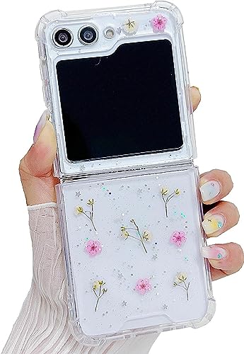 AMART Hülle für Samsung Galaxy Z Flip 5,Durchsichtig Echte Getrocknete Blumen HandyHülle,Klare Glitzer mit Muster Frauen Mädchen Stoßfest Schutzhülle für Samsung Galaxy Z Flip 5(Pink Gypsophila) von AMART