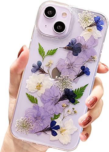 AMART Kompatibel mit iPhone 14 Hülle Blumen,Klare Echte Getrocknete Blume HandyHülle Durchsichtig Blumen Muster Aesthetic Weich TPU Frauen Mädchen Schutzhülle für iPhone 14 (6,1"NUR)(Navy Blume) von AMART