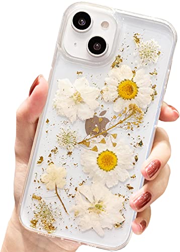 AMART Kompatibel mit iPhone 14 Plus Hülle Blumen, Klare Echte Getrocknete Blumen HandyHülle Durchsichtig Glitzer Muster Aesthetic Weich TPU Schutzhülle für iPhone 14 Plus (6,7"NUR)(Gold Blume) von AMART