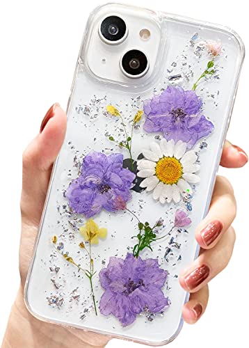 AMART Kompatibel mit iPhone 14 Plus Hülle Blumen,Klare Echte Getrocknete Blumen HandyHülle Durchsichtig Glitzer Muster Aesthetic Weich TPU Frauen Mädchen Schutzhülle für iPhone 14 Plus(3 Blaue Blume) von AMART