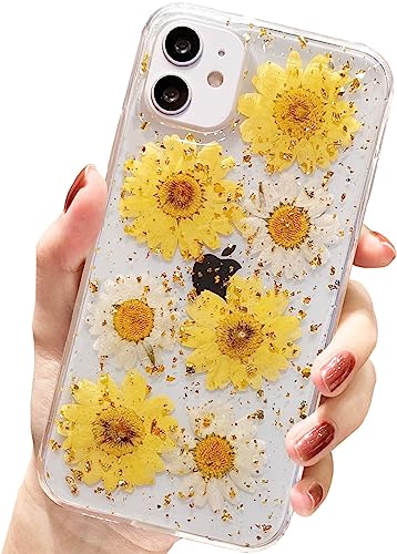AMART für iPhone 11 Hülle Blumen, Durchsichtig Echte Getrocknete Blumen HandyHülle Klare Glitzer Aesthetic Weich Silikon Frauen Mädchen Schutzhülle für iPhone 11(6,1"NUR)(Yellow Daisy) von AMART