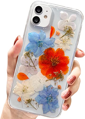 AMART für iPhone 11 Hülle Blumen, Durchsichtig Echte Getrocknete Blumen HandyHülle Klare Transparente Aesthetic Weich Silikon TPU Frauen Mädchen Schutzhülle für iPhone 11(6,1"NUR)(Orange Blumen) von AMART